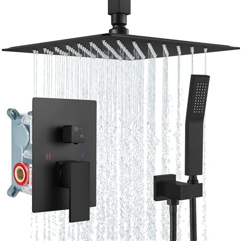 Super Sale 🛒 AIMASHA 10 Inches Matte Black Rainfall Shower System Shower Head with Handheld Combo Set Complete Luxury Bathroom Wall Mounted Shower Faucet Set Rain Shower Head Rough-in Valve Included