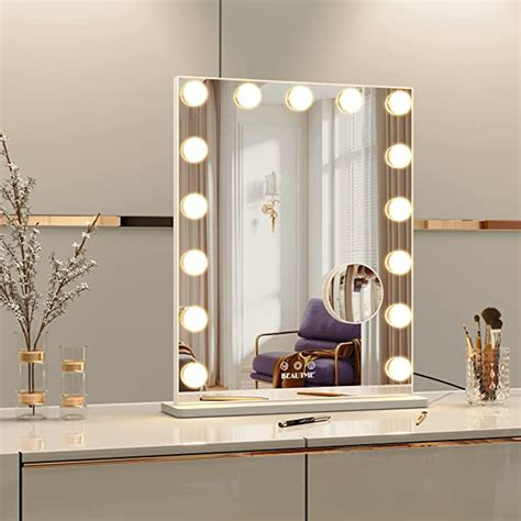 BEAUTME Vanity Mirror with Lights,Makeup Mirror with Storage Box,Hollywood Lighted Mirror with 15pcs lights,Detachable 10X Cosmetic Round Mirror, Tabletop mirror with storage and lights,Black Gold
