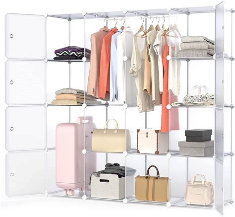 NATRKE Cube Storage Organizer -14"x14" Portable Cubes Storage Stackable Storage Shelves with Doors, Modular Closet Storage with Hanging Rod for Clothes Storage Shelves(16 Cubes)