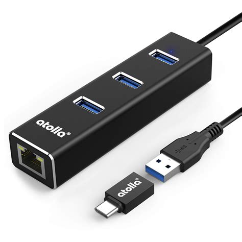 USB C to Ethernet Adapter, Aluminum USB C Hub with 10/100/1000 Gigabit Ethernet Converter, 3-Port USB 3.0 HUB for Mac/Windows/OS/Linux and More - Black