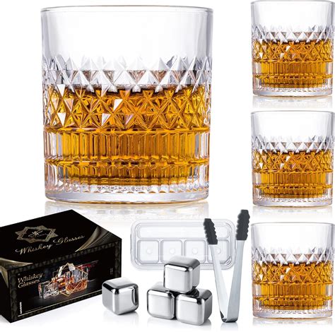 YouYah Whiskey Glasses Set of 4,Rocks Glasses With 4 Ice Cubes & Tong,Lead-free Crystal Bar Glasses,Gifts for Men,Tumblers Lowball Glassware for Brandy,Cocktail,Vodka,Bourbon,Cognac (Casual)